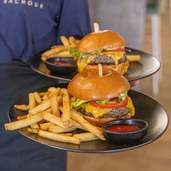 Two plates of cheeseburgers with fries and ketchup, held by a person in a blue shirt.